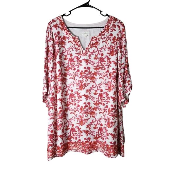 Magnolia Grace Tunic Top Plus Size 2X Red White Floral Embroidered - Picture 1 of 8